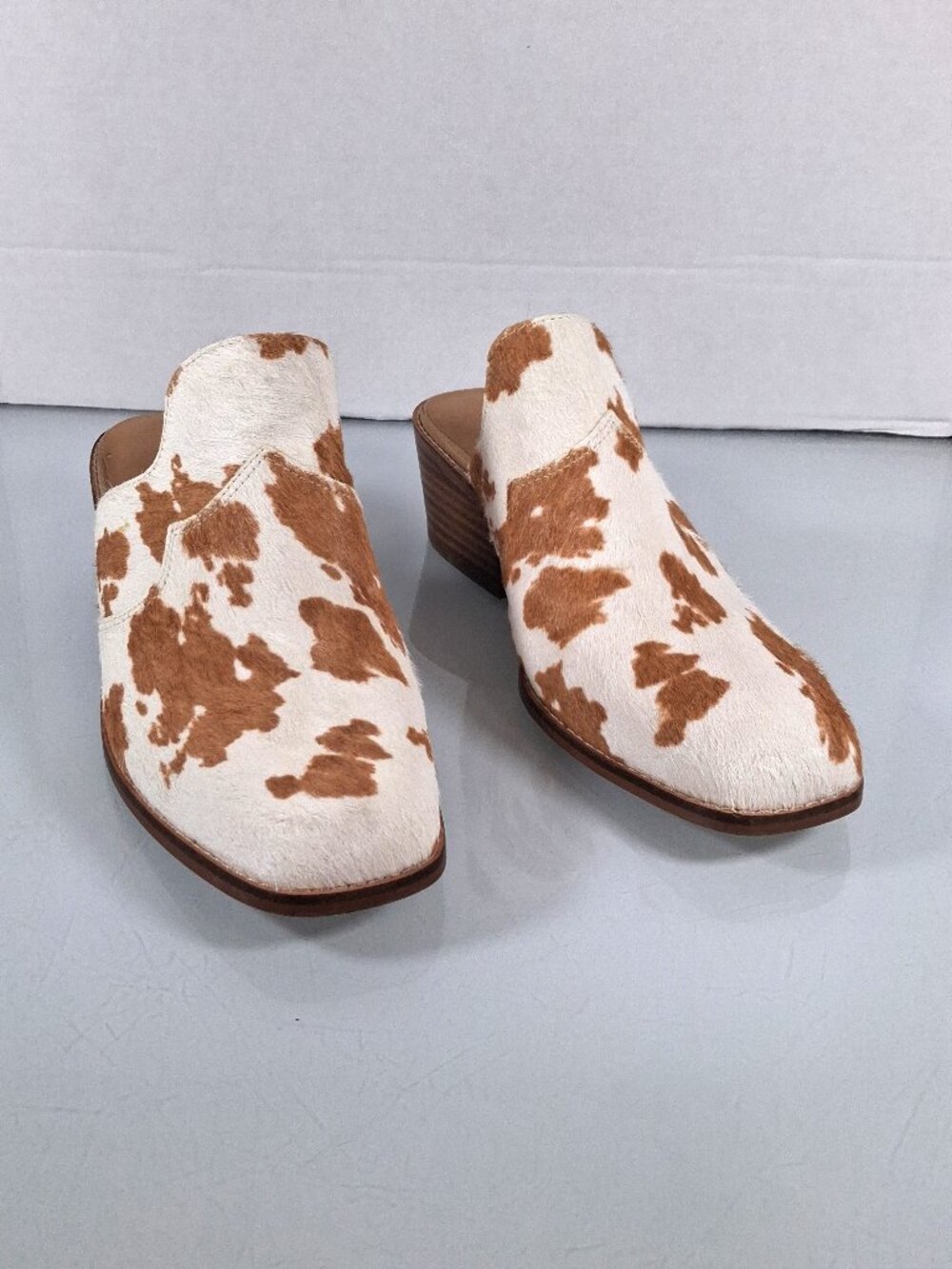 Crown Vintage Galiena Mules 7.5M Brown Cow Hair Slip On Block Heel Square Toe